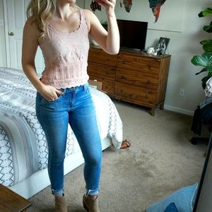 Renjo Pink Crochet Tank with Embroidery Detail